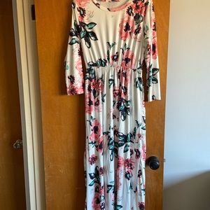 Long sleeve white maxi dress with floral print, stretchy!